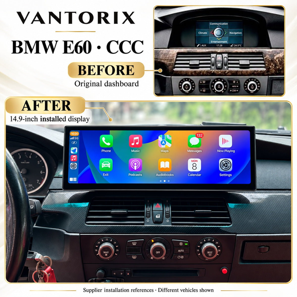 BMW E60 CCC before and after display upgrade; different supplier reference vehicles, English presentation edited